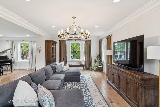10044 S Leavitt St, Chicago, IL 60643 - living area featuring a chandelier, light wood-type flooring, crown molding, recessed lighting, and baseboards