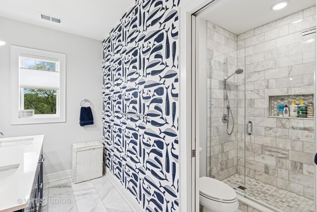 10044 S Leavitt St, Chicago, IL 60643 - full bath with a shower stall, marble look tile flooring, baseboards, toilet, and double vanity