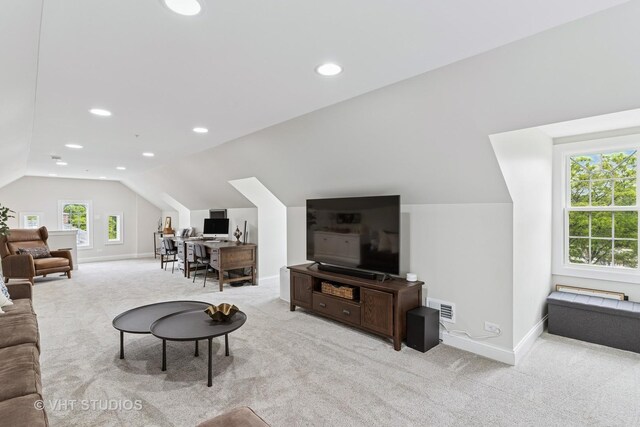 10044 S Leavitt St, Chicago, IL 60643 - living area with carpet, lofted ceiling, an office area, baseboards, and recessed lighting