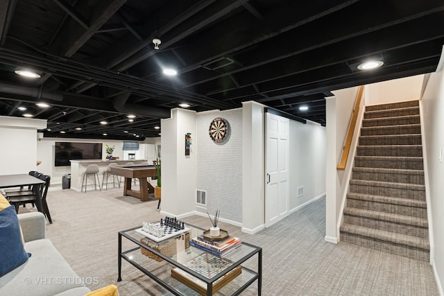 10044 S Leavitt St, Chicago, IL 60643 - carpeted living room with stairway, baseboards, and billiards