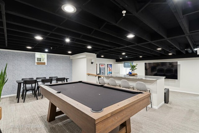 10044 S Leavitt St, Chicago, IL 60643 - recreation room featuring light colored carpet, brick wall, baseboards, and billiards table