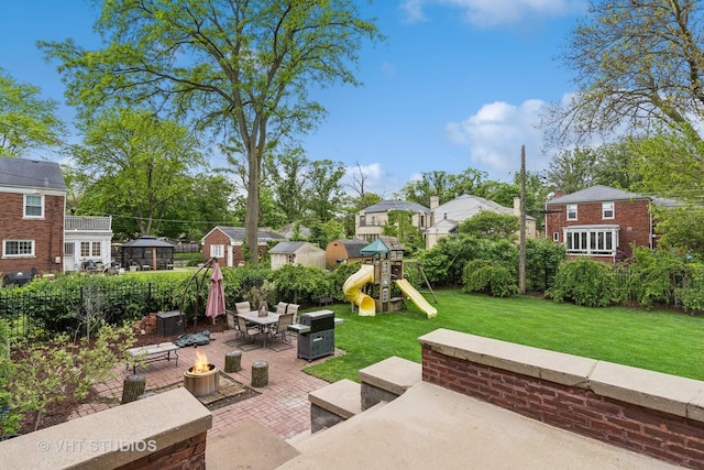 10044 S Leavitt St, Chicago, IL 60643 - view of patio with a fire pit, a playground, and a residential view