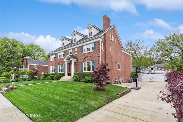 10044 S Leavitt St, Chicago, IL 60643 - colonial-style house with brick siding, an outdoor structure, a detached garage, a front lawn, and a chimney