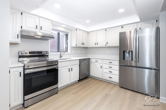 1221 Chalet Rd Unit 28-201, Naperville, IL 60563 - kitchen featuring stainless steel appliances, under cabinet range hood, white cabinetry, and recessed lighting