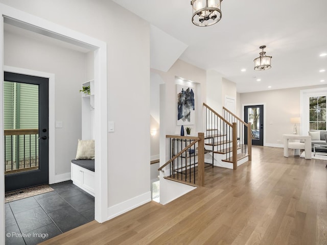 131 S Madison St, Hinsdale, IL 60521 - foyer entrance with baseboards, a chandelier, recessed lighting, wood finished floors, and stairs