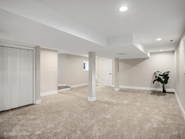 131 S Madison St, Hinsdale, IL 60521 - finished below grade area featuring recessed lighting, baseboards, visible vents, and carpet floors