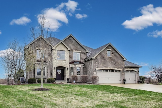 22814 Sara Springs Dr, Frankfort, IL 60423 - french country home featuring brick siding, a front lawn, driveway, an attached garage, and a shingled roof