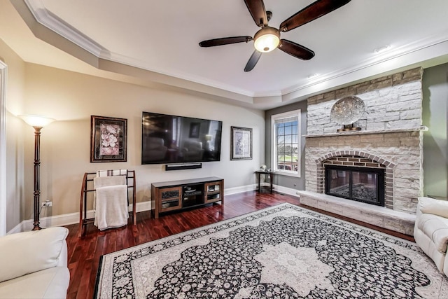 22814 Sara Springs Dr, Frankfort, IL 60423 - living room featuring crown molding, ceiling fan, wood finished floors, baseboards, and a fireplace