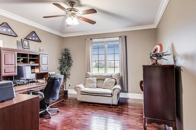 22814 Sara Springs Dr, Frankfort, IL 60423 - office featuring baseboards, a ceiling fan, dark wood finished floors, and ornamental molding