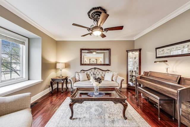 22814 Sara Springs Dr, Frankfort, IL 60423 - living room featuring ceiling fan, ornamental molding, baseboards, and wood finished floors