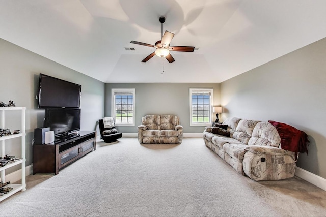 22814 Sara Springs Dr, Frankfort, IL 60423 - carpeted living area with ceiling fan, baseboards, and lofted ceiling