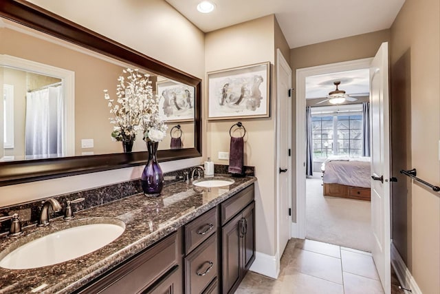 22814 Sara Springs Dr, Frankfort, IL 60423 - ensuite bathroom featuring baseboards, tile patterned flooring, double vanity, and ceiling fan