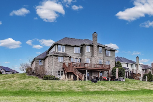22814 Sara Springs Dr, Frankfort, IL 60423 - back of house featuring stairway, a wooden deck, a chimney, and a lawn