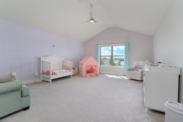 3605 Como Ct, Normal, IL 61761 - bedroom featuring light colored carpet, lofted ceiling, a ceiling fan, baseboards, and a crib