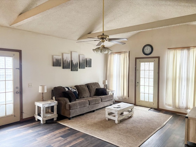 living area with a ceiling fan, a textured ceiling, lofted ceiling, and dark wood finished floors