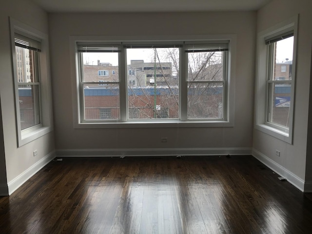 unfurnished room featuring baseboards, dark wood-type flooring, and a wealth of natural light
