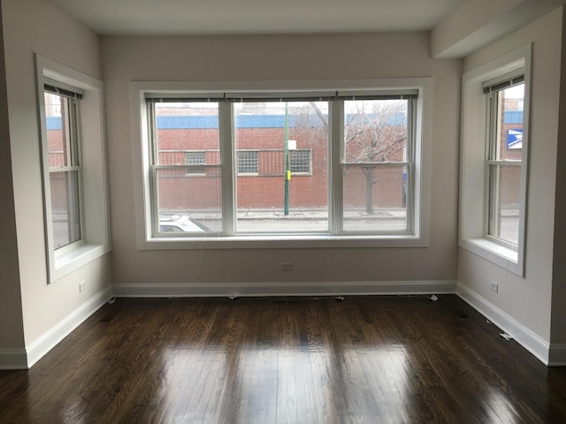 spare room with plenty of natural light, dark wood finished floors, and baseboards