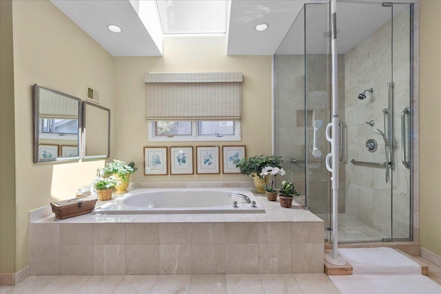 full bath with a bath, visible vents, tile patterned flooring, and a shower stall