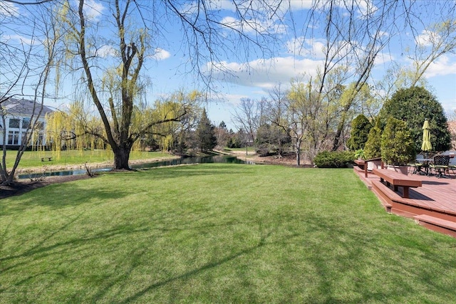 view of yard featuring a deck with water view