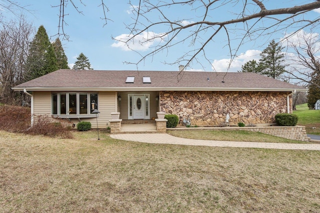 34550 N Stanley Rd, Ingleside, IL 60041 - ranch-style home with roof with shingles, stone siding, and a front yard