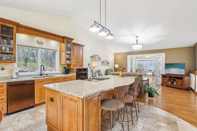34550 N Stanley Rd, Ingleside, IL 60041 - kitchen with vaulted ceiling, a center island, light stone counters, dishwasher, and a sink