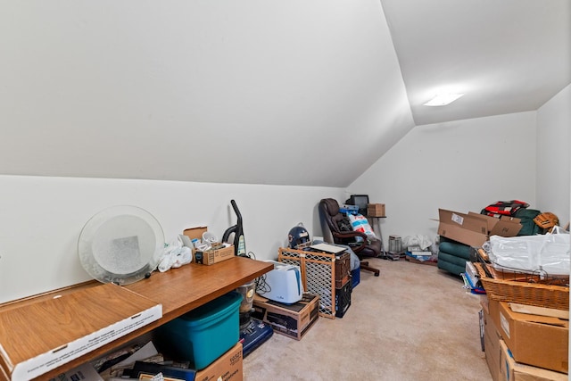 interior space with light colored carpet and vaulted ceiling