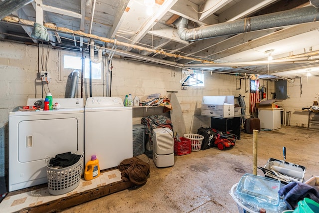 below grade area with electric panel and washer and dryer