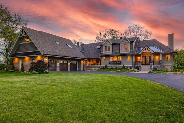 6517 Saddle Ridge Ct, Long Grove, IL 60047 - view of front of house with a chimney, driveway, a yard, a garage, and a shingled roof