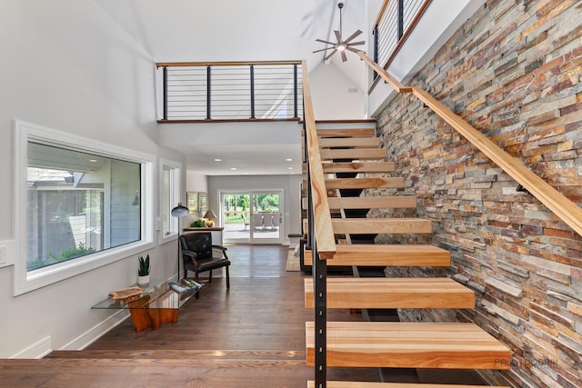6517 Saddle Ridge Ct, Long Grove, IL 60047 - stairs with a towering ceiling, wood-type flooring, a ceiling fan, and baseboards