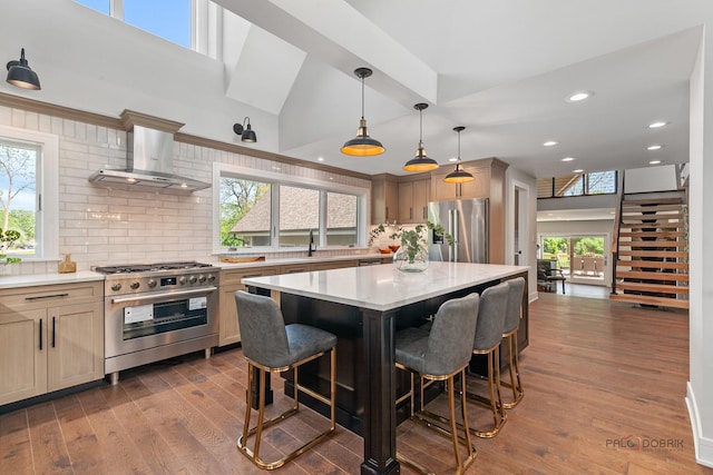 6517 Saddle Ridge Ct, Long Grove, IL 60047 - kitchen featuring high quality appliances, wall chimney exhaust hood, a breakfast bar area, tasteful backsplash, and a towering ceiling