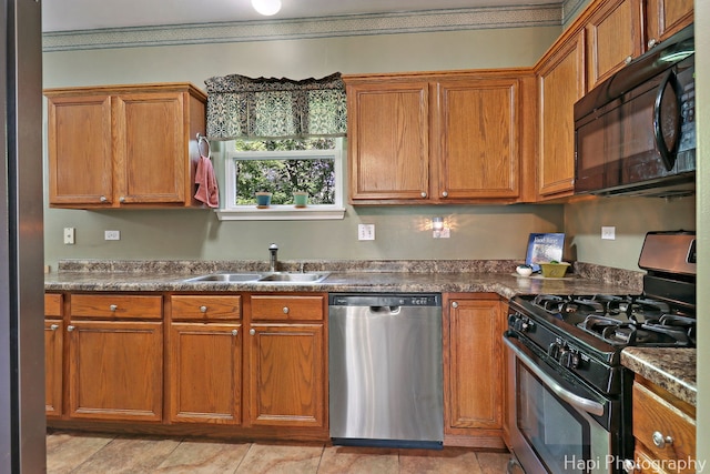 437 Deer Run Rd, Lakemoor, IL 60051 - kitchen with appliances with stainless steel finishes, a sink, brown cabinets, and ornamental molding