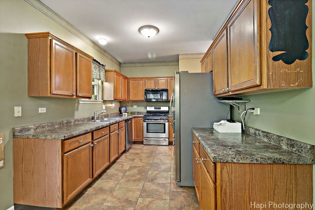 437 Deer Run Rd, Lakemoor, IL 60051 - kitchen with appliances with stainless steel finishes, a sink, brown cabinets, crown molding, and stone finish floors