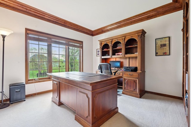 home office featuring light carpet, ornamental molding, and baseboards