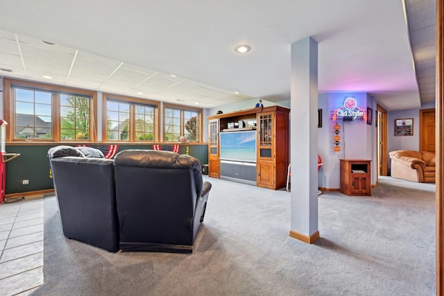 living area with light colored carpet, baseboards, and recessed lighting