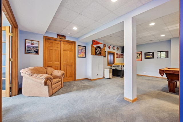 living area with a drop ceiling, carpet, baseboards, recessed lighting, and billiards table