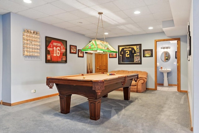 rec room with light colored carpet, baseboards, billiards table, recessed lighting, and a drop ceiling