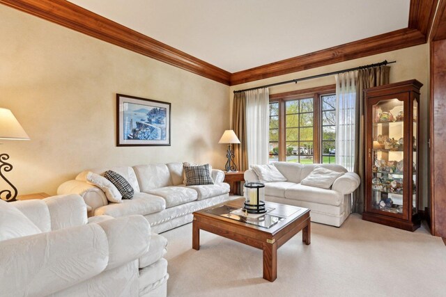 living area featuring crown molding and light carpet