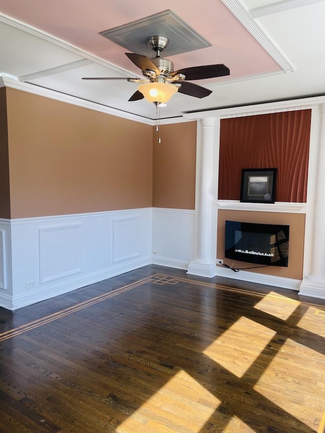 11362 S Laflin St, Chicago, IL 60643 - unfurnished living room featuring dark wood-style flooring, a wainscoted wall, a ceiling fan, and a fireplace