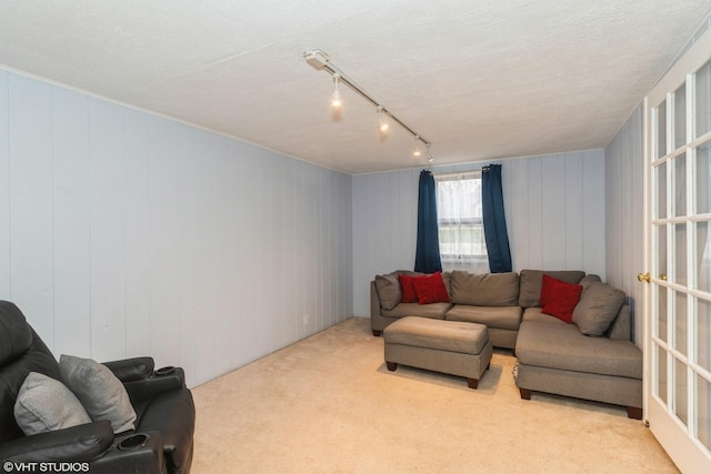 carpeted living room featuring track lighting