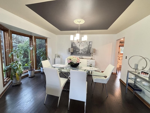 2 Rutgers Ct, Hawthorn Woods, IL 60047 - dining area featuring a chandelier, a tray ceiling, dark wood finished floors, and healthy amount of natural light