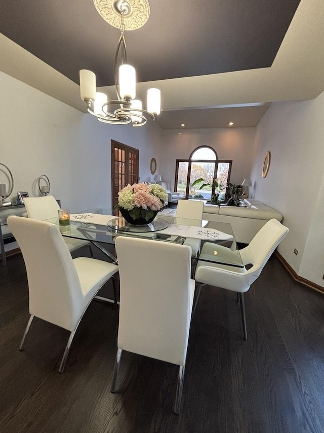 2 Rutgers Ct, Hawthorn Woods, IL 60047 - dining room with a chandelier, dark wood-style flooring, and baseboards