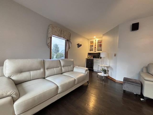 2 Rutgers Ct, Hawthorn Woods, IL 60047 - living area featuring wine cooler, a dry bar, dark wood finished floors, and baseboards