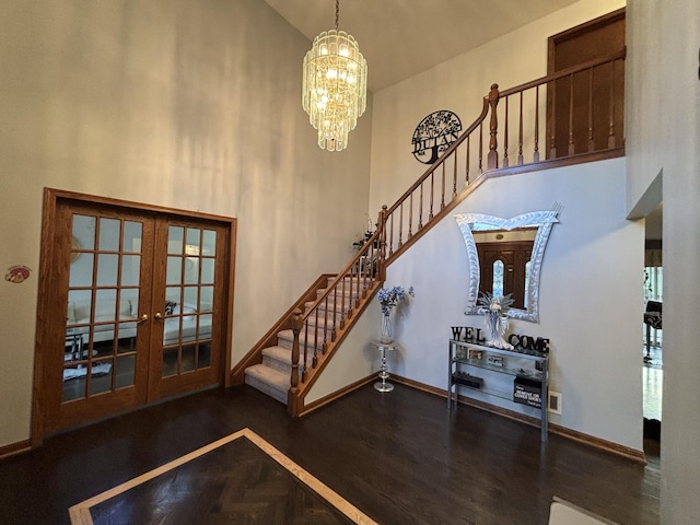 2 Rutgers Ct, Hawthorn Woods, IL 60047 - staircase featuring a high ceiling, french doors, baseboards, parquet flooring, and a chandelier