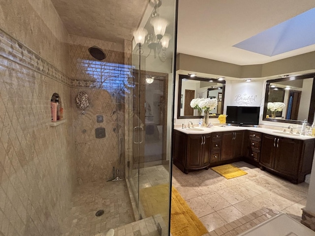 2 Rutgers Ct, Hawthorn Woods, IL 60047 - bathroom featuring a stall shower, double vanity, and a skylight