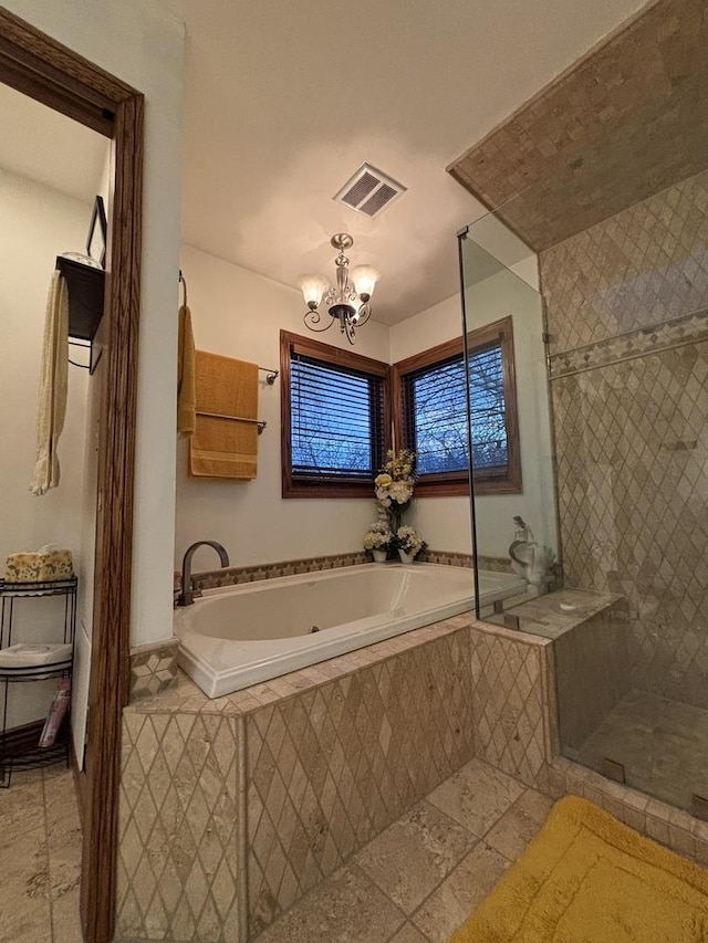 2 Rutgers Ct, Hawthorn Woods, IL 60047 - bathroom with a tub with jets, a chandelier, tile patterned flooring, and a tile shower