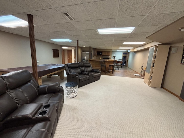 2 Rutgers Ct, Hawthorn Woods, IL 60047 - living room featuring light colored carpet, bar, billiards table, and a drop ceiling