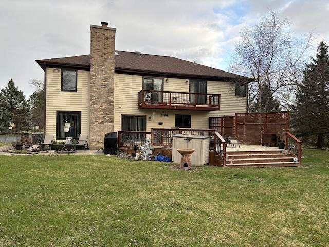 2 Rutgers Ct, Hawthorn Woods, IL 60047 - rear view of property featuring a balcony, a wooden deck, a chimney, a yard, and a shingled roof
