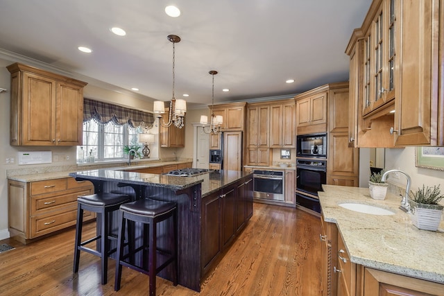 1303 Bonnema Ave, Naperville, IL 60565 - kitchen with black appliances, a warming drawer, a sink, and a kitchen island
