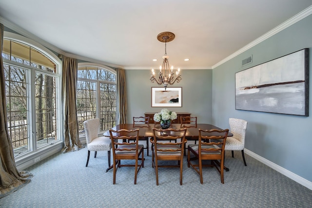 1303 Bonnema Ave, Naperville, IL 60565 - carpeted dining area with baseboards, ornamental molding, an inviting chandelier, and recessed lighting