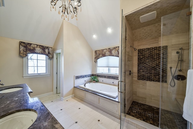 1303 Bonnema Ave, Naperville, IL 60565 - bathroom featuring double vanity, a garden tub, a shower stall, and a sink